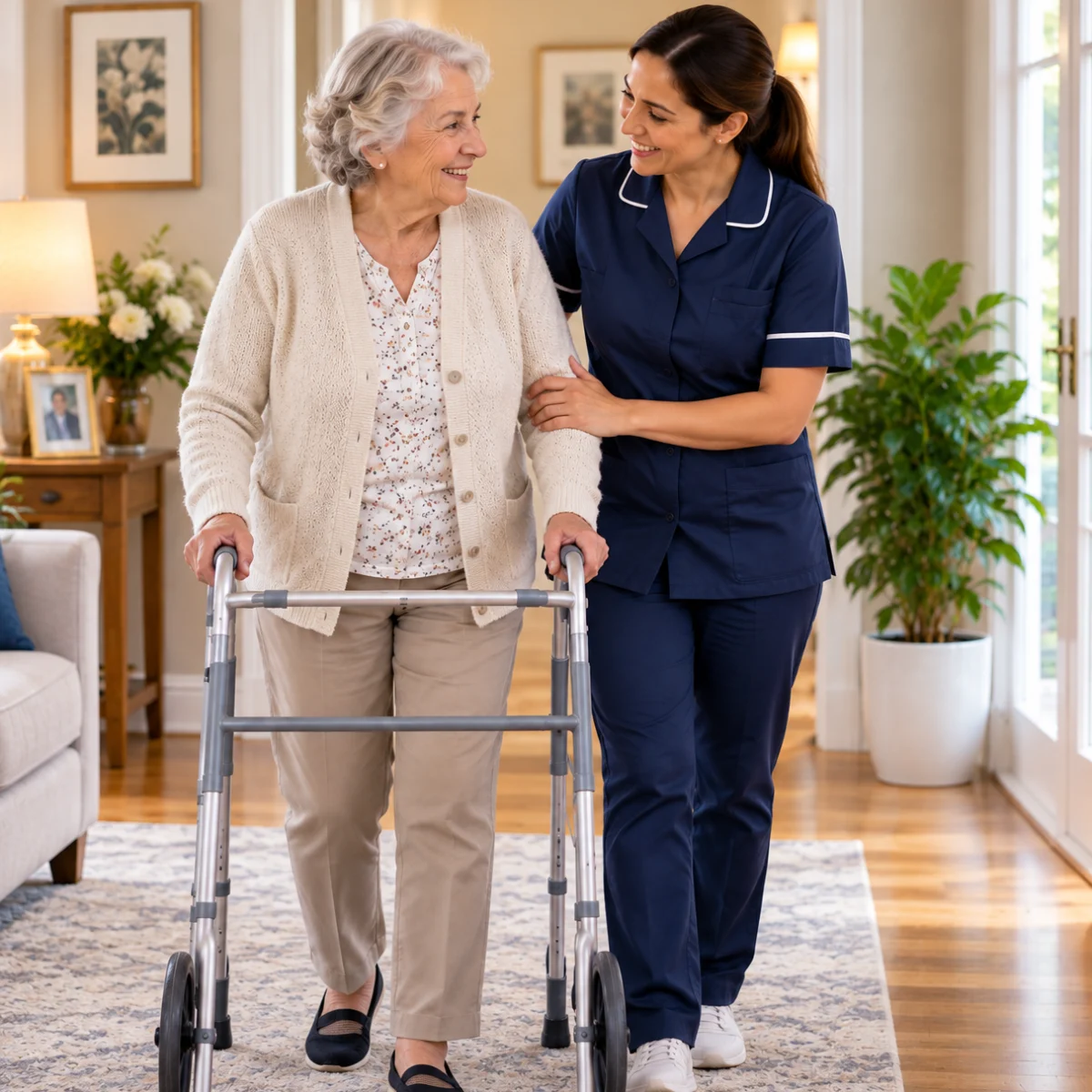 Caregiver providing companionship and mobility support at home
